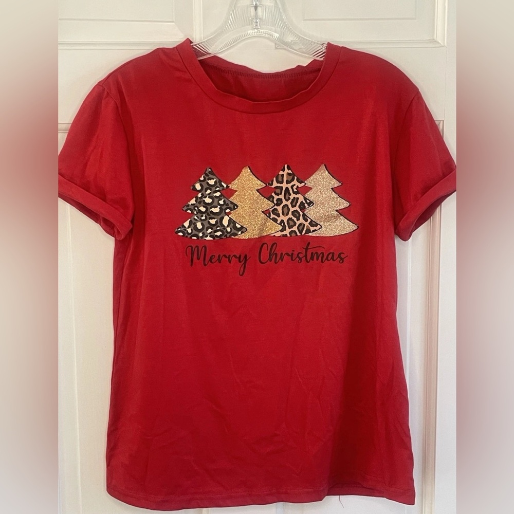 Merry Christmas T-Shirt Leopard Gold Plaid Holiday Festive Casual Top Size S